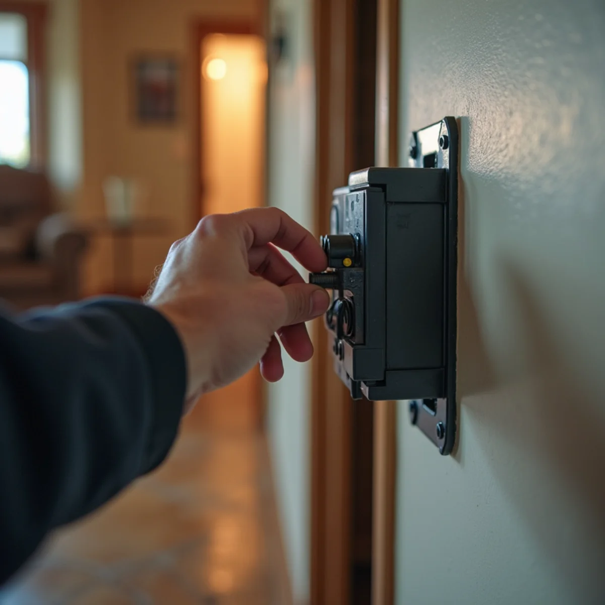 Hand switching off a circuit breaker to cut power to a flooded room in a McKinney home