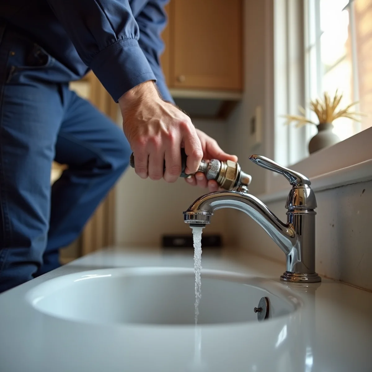 Opening the lowest faucet to drain water lines and relieve pressure after a burst pipe