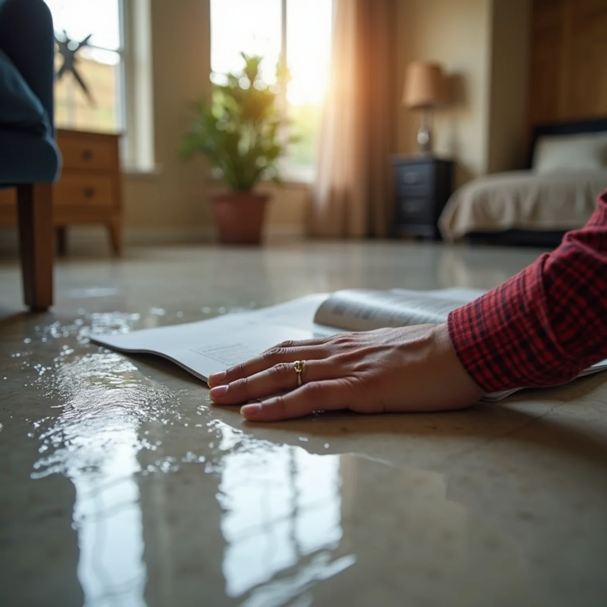 Homeowner moving furniture and belongings away from spreading water after a burst pipe