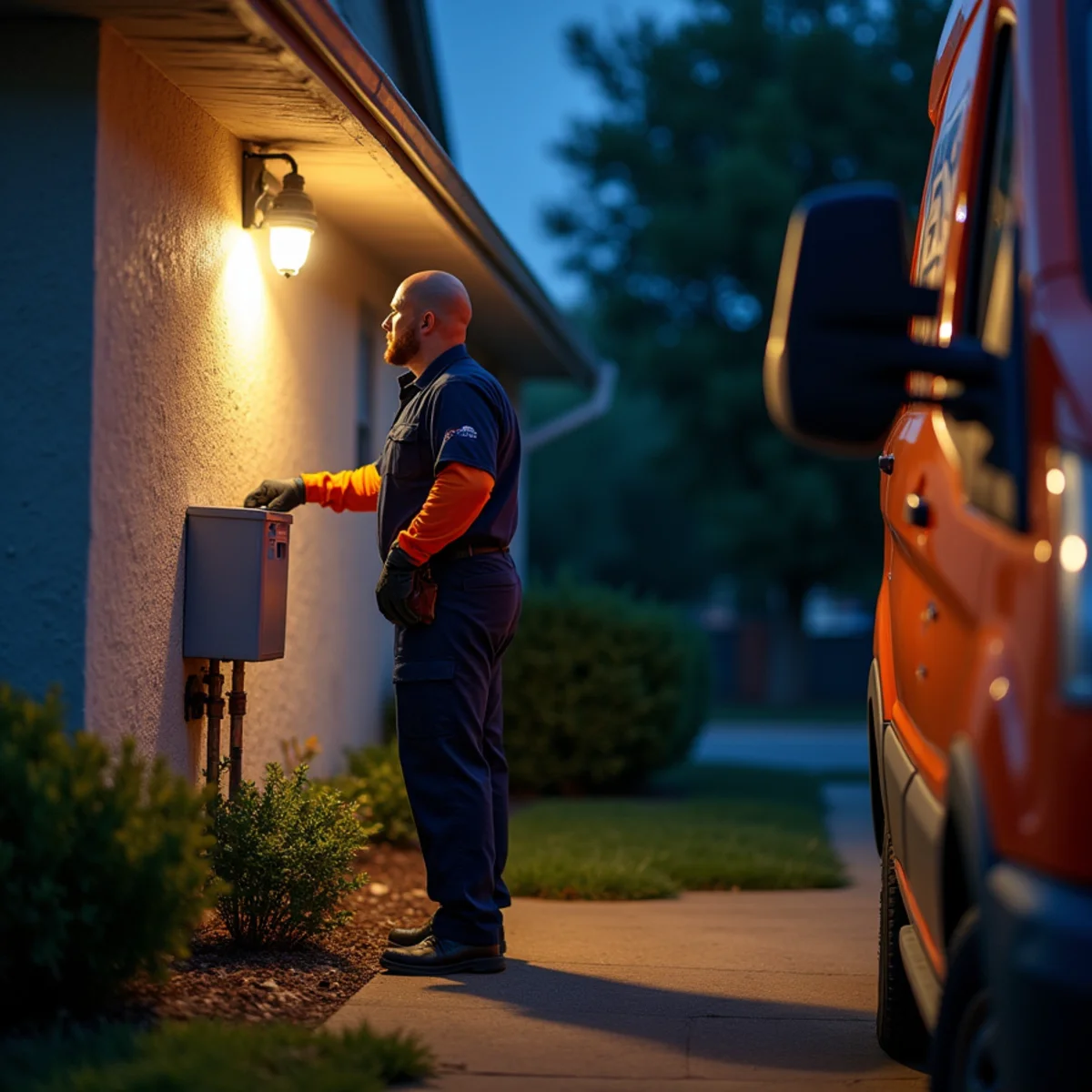 McKinney emergency plumber examining a leaking water heater at night