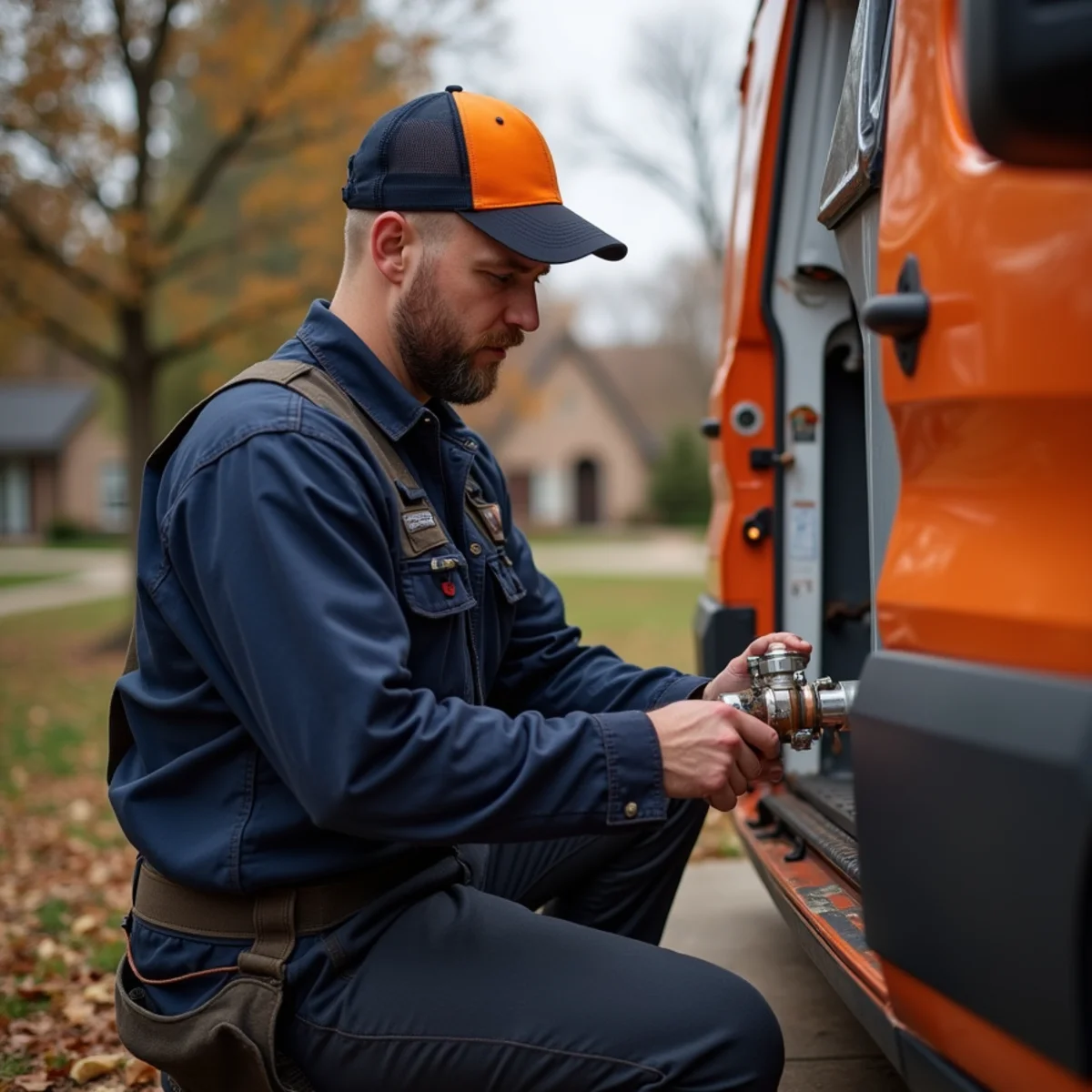 Homeowner draining a water heater during fall plumbing maintenance in McKinney, TX
