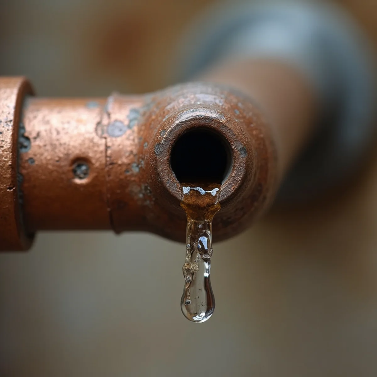 Close-up of a pinhole leak spraying from a corroded copper water pipe