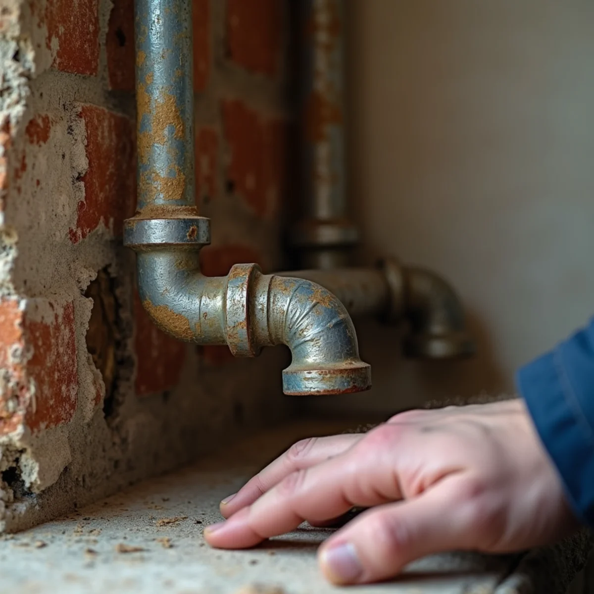 Corroded old galvanized water pipes exposed inside the wall of an older McKinney home