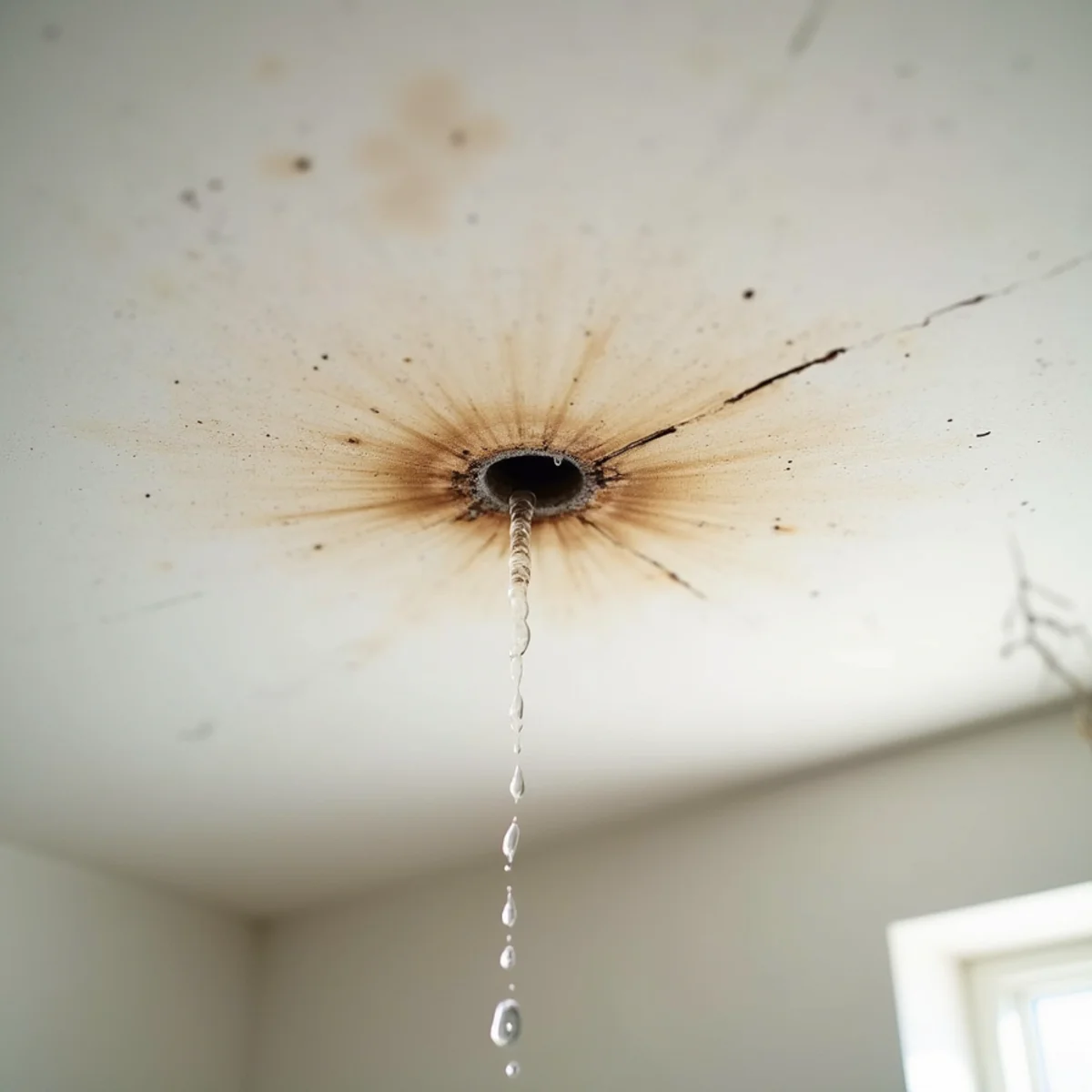 Water stain and damage on a ceiling from a hidden pipe leak in a home