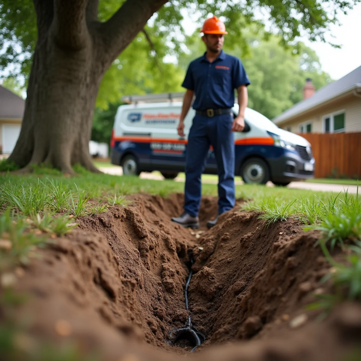 Tree roots infiltrating a cracked clay sewer line under a Plano yard