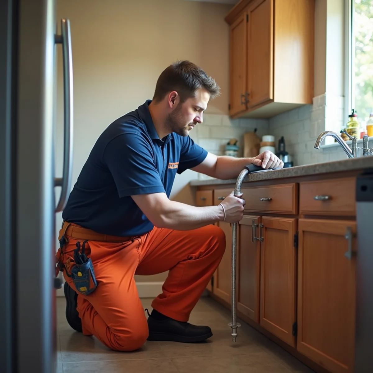 Licensed plumber snaking a clogged kitchen drain in a McKinney, TX home