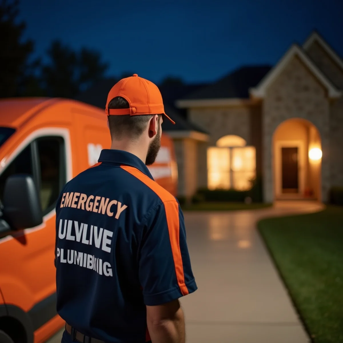 Emergency plumber arriving at night to a McKinney, TX home for an urgent plumbing repair