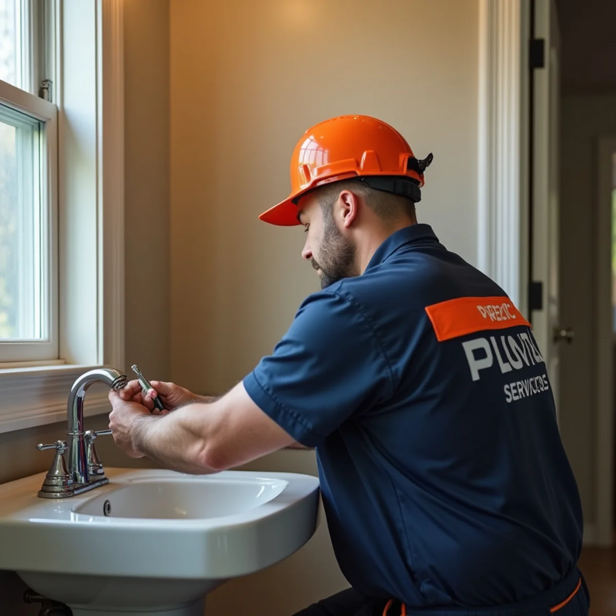 Plumber repairing a leaking bathroom faucet in a McKinney, TX home