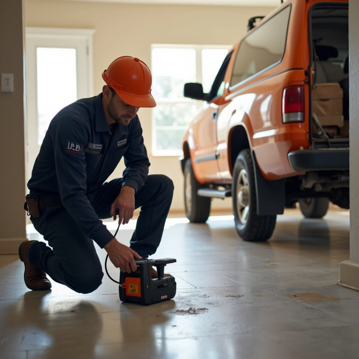 Plumber using acoustic leak detection equipment on a slab floor in a McKinney, TX home