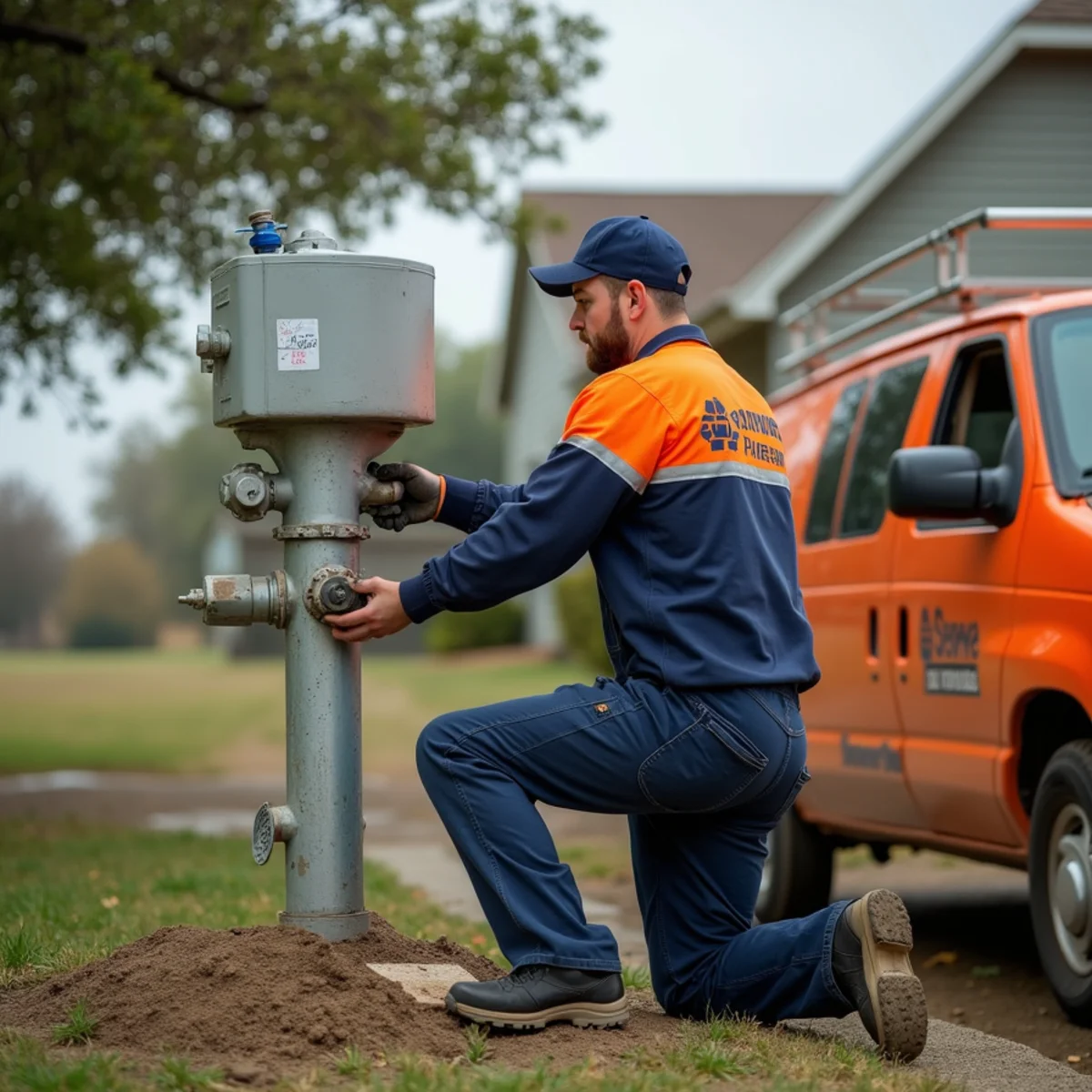 Plumber servicing a well pressure tank at an older farm home in Celeste, TX
