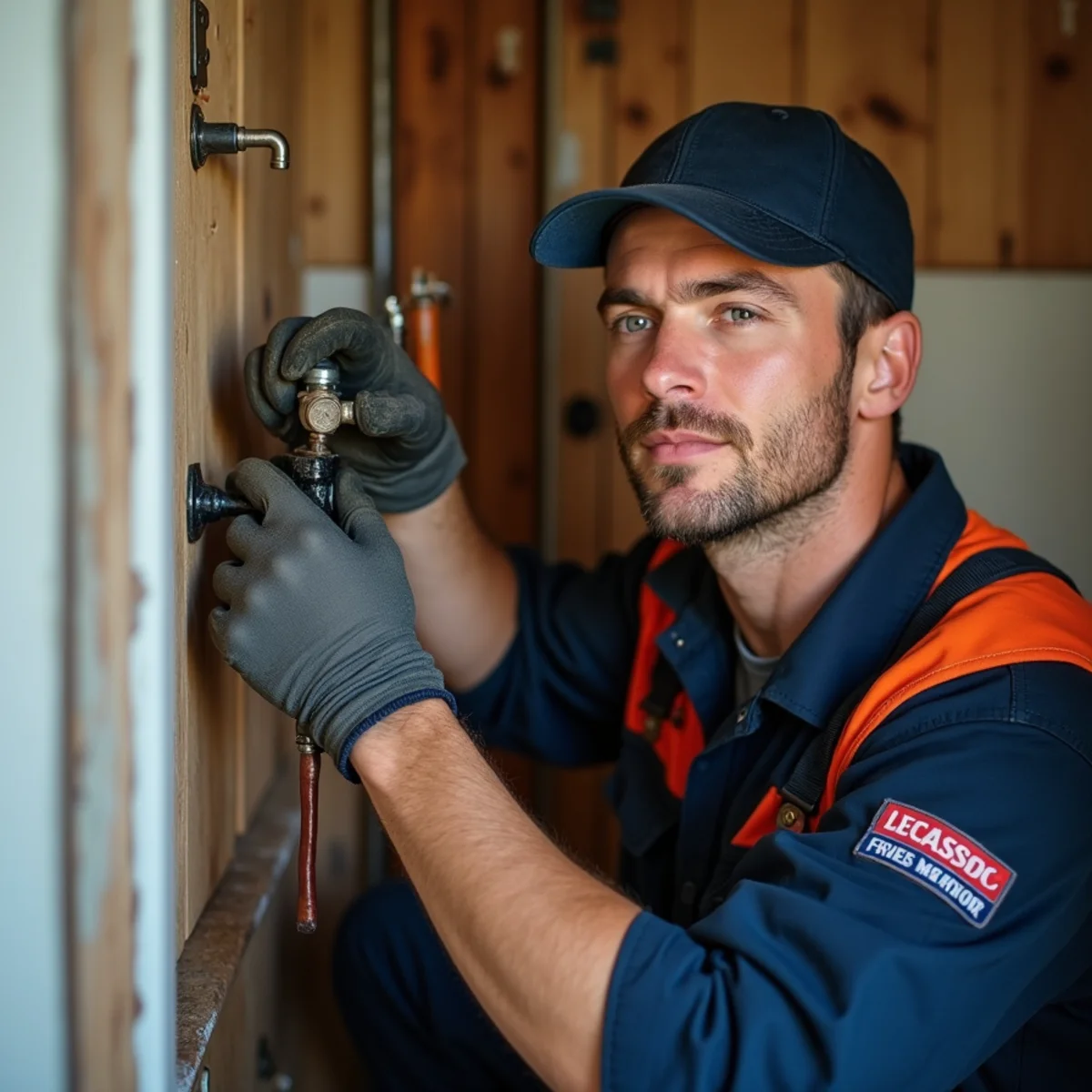Plumber repairing pipes in an older Denison, TX home near Lake Texoma