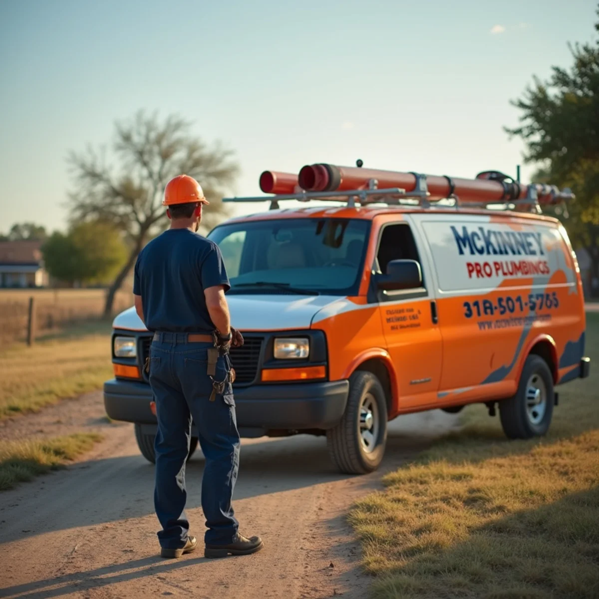 McKinney Pro Plumbers van at a rural farmhouse near SH 78 in Nevada, TX