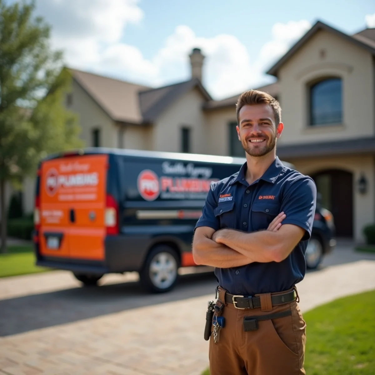 McKinney Pro Plumbers van at a large-lot luxury home near Southfork Ranch in Parker, TX
