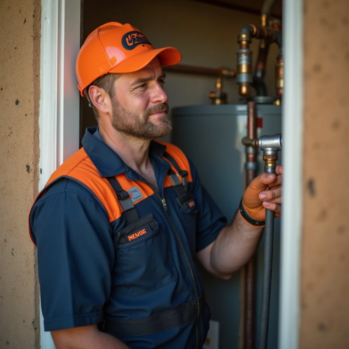 Plumber replacing an aging water heater in a 1970s home along the I-35 corridor in Sanger, TX