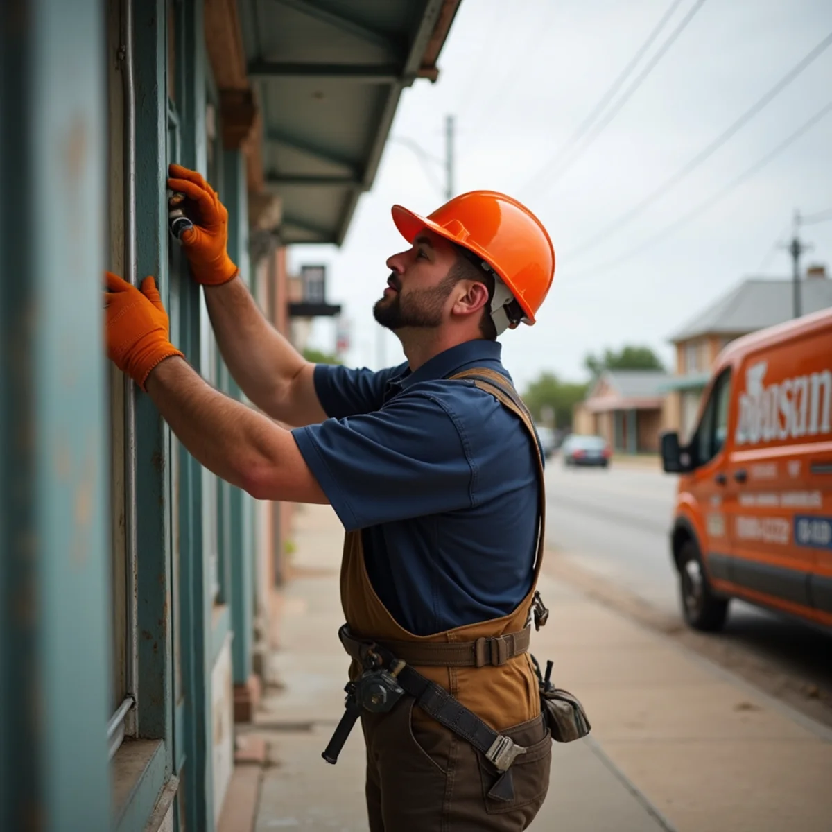 Plumber carefully working on a 1900s Main Street building in Whitewright, TX